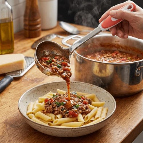 Stainless Steel Ladle Spoon Portable Non Slip Handle Smooth Side Pour Spout Mouth Porridge Spoon for Kitchen Restaurant Hotel