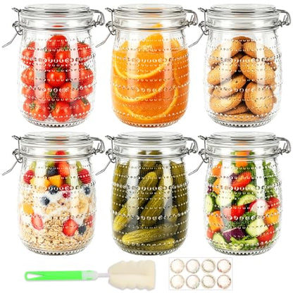 Alotpower 32 oz Wide Mouth Mason Jars with Airtight Lids 6 Pack | Quart Glass Pickling Jars with Hinged Lids for Canning,Kitchen Pantry Organization,Fermentation,Dry Food and Spices Storage - color: 32fl.oz 6pack
