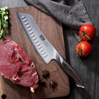 HOSHANHO 17.8cm(7인치) 일본 셰프 나이프, 매우 날카로운 고탄소 스테인리스 스틸 주방 칼, 인체 공학적 파카우드 손잡이가 있는 전문 산토쿠 나이프 - size: 7"