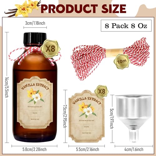 8 Pack 8 Ounce Amber Glass Bottle with Lids Vanilla Extract Homemade Brown Bottle 8 oz and 8 Pcs Vanilla Extract Stickers for Syrup Gift Glass Food Storage Canister Set Sauce Beans - color: Amber 8pcs 8oz