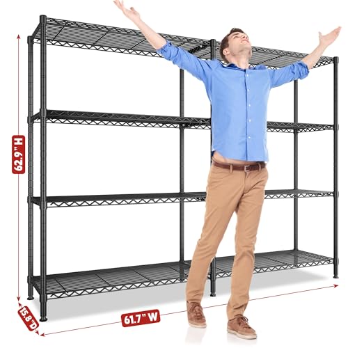 REIBII 61.7''W Storage Shelves Load 1220LBS Wire Shelving Unit 4 Tier Metal Shelving for Storage Rack Shelves Heavy Duty Garage Shelf Pantry Shelves Kitchen Shelving, 61.7" W*62.9" H*15.8" D, Black - style: Black-15.8" Dx61.7" Wx62.9" H-4 Tier