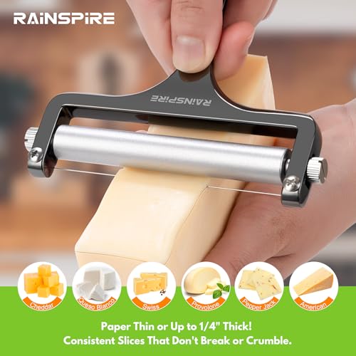 Rainspire Upgraded Cheese Slicer with Replaceable Wires Stainless Steel Cheese Slicers for Block Cheese Adjustable Cheese Cutter for Mozzarella, Cheddar, Gruyere Charcuterie Accessories, Black - color: Black