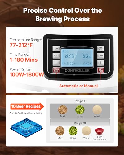 VEVOR Electric Brewing System, 9.2 Gal/35 L Brewing Pot, All-in-One Home Beer Brewer w/Pump, Mash Boil Device w/Panel, Auto/Manual Mode 100-1800W Power 25-100℃ Temp 1-180 min Timer Recipe Memory - size: 9.2 Gal