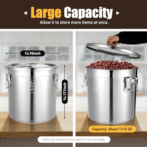 304 Stainless Steel Food Storage Containers, 33L/8.7Gal Rice Storage Container with Airtight Lid and Locking Clamp Large Flour Storage Container Kimchi Container for Rice Oil Soup Flour (33L)