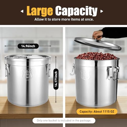 304 Stainless Steel Food Storage Containers, 33L/8.7Gal Rice Storage Container with Airtight Lid and Locking Clamp Large Flour Storage Container Kimchi Container for Rice Oil Soup Flour (33L)