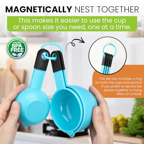 Spring Chef Magnetic Measuring Cups and Spoons Set of 9, Nesting Plastic Kitchen Tool with Easy to Read Markings - Measure Dry or Liquid Ingredient, BPA Free, Aqua Sky - color: Blue (Aqua Sky)