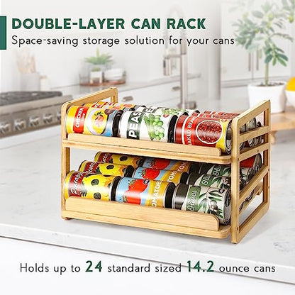 Yumkfoi Rolling Bamboo Can Organizer Rack, Stackable Double-Layer Can Organizers and Storage For Pantry, Canned Goods Holder Dispenser For Countertop Kitchen Cabinet or Pantry Shelf - style: For 24 cans with rolling filling design