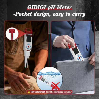 Food pH Meter with ATC, Spear Probe for Sourdough & Meat | Extended temperature electrode, color display, with calibration kit, for sourdough, kombucha, canning, sauce, cosmetic - color: Red Food pH Meter