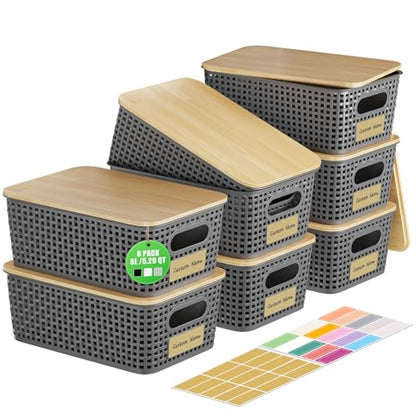 8 Pcs Plastic Storage Bins with Bamboo Lids and Labels 5.29qt Stackable Box Basket Pantry Decorative Containers, Small Storage Baskets for Drawers Organizing Closets Bedrooms Cabinets 10*7.2*4.1" - style: Gray-Bamboo Lid