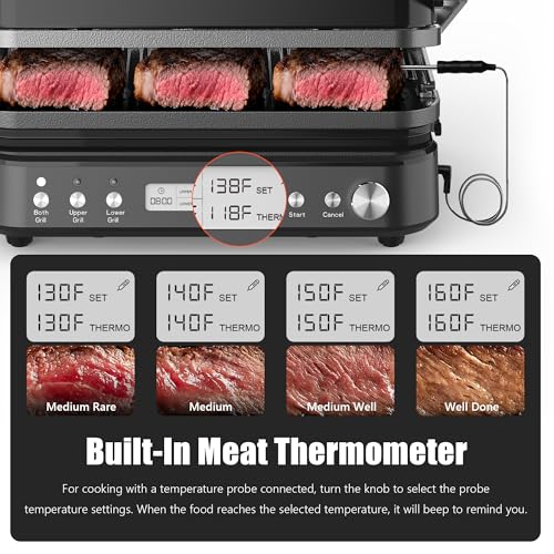 CATTLEMAN Panini Grill Press Sandwich Maker with Removable Plates, 1600W, 5 in 1 Smokeless Indoor Grill & Griddle with Meat Thermometer, PFAS Free Ceramic Nonstick Reversible Plates, Opens Flat - color: Black with Reversible Plates