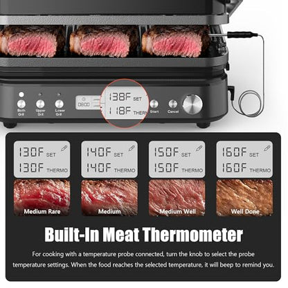 CATTLEMAN Panini Grill Press Sandwich Maker with Removable Plates, 1600W, 6 in 1 Waffle Maker & Electric Indoor Grill with Meat Thermometer, PFAS Free Ceramic Nonstick Reversible Plates, Opens Flat - color: Black with Waffle Plates