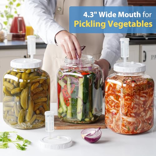 Glass Fermentation Jar Large Pickle Jar Kimchi Containers for Kumbucha Mead | 1.5 Gal, 4.3" Wide Mouth, 2pc, Airtight Lid & 3 Airlocks, ML/OZ Scale Line, Food Grade, BPA Free, Dishwasher Safe, 5700 ML