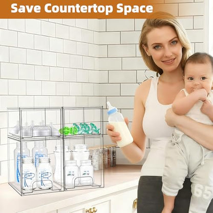 Baby Bottle Organizer, Stackable Storage Drawers with Label, Clear Station Organizers Container for Pacifiers, Pump Parts, Desk Organizer Bins for Bathroom, Cabinet, Pantry, Vanity, Countertop, 4 Pack - style: 2 High+2 Small