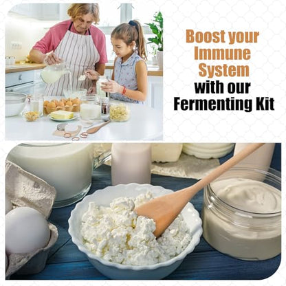 Honeydak 8 Pcs Complete Kefir Starter Kit Kombucha Fermenter Kit Half Gallon 64oz Mason Jar Wide Mouth with Plastic Storage Lid Nylon Mesh Strainer Cotton Cloth Cover and Wood Spoon - color: as shown in the picture, size: 64 oz