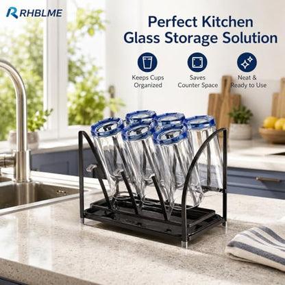 RHBLME 2 Packs Glass Drying Rack, Vertical Bottle Drying Rack Glass Bottle Holder with Drain Tray, Silicone Protective Hooks, Carbon Steel Non Slip Cup Mug Organizer for Glass Coffee Mug Countertop