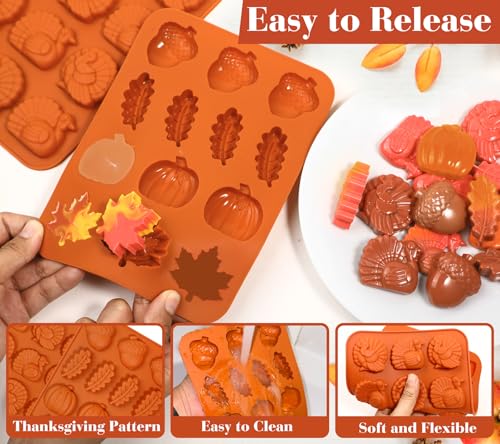 Webake The Original Thanksgiving Silicone Molds with Turkey, Pumpkin, Fall Leaf, Acorn Shapes, 2 Pack Turkey Mold for Candy, Cupcake Decorations, Thanksgiving, Halloween Fall Harvest Baking - style: Turkey