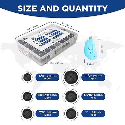 55Pcs Double-Sided Rubber Grommets kit in 6 Assorted Sizes 5/8",13/16",7/8",1",1-3/16",1-1/2"- Round & Waterproof Rubber Grommet - Ideal Solution for Wire Protection - size: 6 Sizes-55pcs