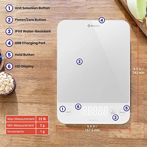 Etekcity Food Kitchen Scale, 22lb Digital Weight Scale Grams and Ounces Rechargeable Waterproof Tool for Weight Loss, Cooking, Baking, Meat, Bread, Large 0.05oz/1g Accuracy | 22 Lb/10 Kg Capacity, 0.05oz/1g Precision, IPX6 Splash-Resistant, USB-C Recharge