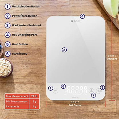 Etekcity Food Kitchen Scale, 22lb Digital Weight Scale Grams and Ounces Rechargeable Waterproof Tool for Weight Loss, Cooking, Baking, Meat, Bread, Large 0.05oz/1g Accuracy | 22 Lb/10 Kg Capacity, 0.05oz/1g Precision, IPX6 Splash-Resistant, USB-C Recharge