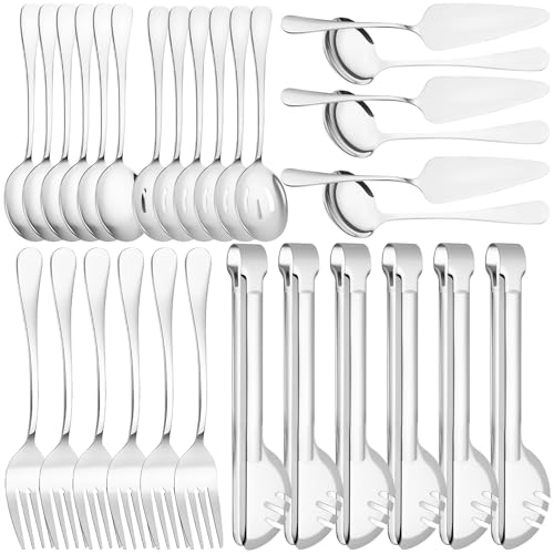 30 Pcs Silver Serving Utensils Set Include Stainless Steel Large Serving Spoons Slotted Spoons Forks Soup Ladle Pie Server - Metal Utensils for Parties Buffet Catering, Dishwasher Safe - color: Silver, size: 30 PCS