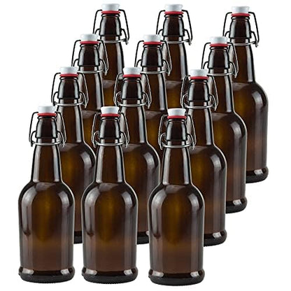 Crutello 16 Ounce Amber Glass Flip Top Beer Bottle for Brewing - Kombucha, Soda, Juice - 12 Pack 16 Oz Glass Bottles with Lids for Fermentation, Storage, Drinking - A Family-Owned American Brand
