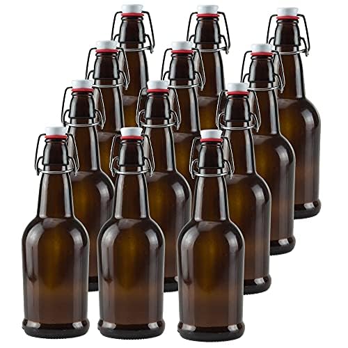 Crutello 16 Ounce Amber Glass Flip Top Beer Bottle for Brewing - Kombucha, Soda, Juice - 12 Pack 16 Oz Glass Bottles with Lids for Fermentation, Storage, Drinking - A Family-Owned American Brand