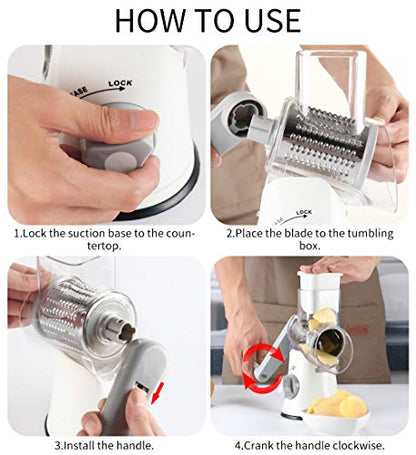 Cambom Rotary Cheese Grater Hand Crank Cheese Shredder for Fresh Cheese, Vegetable, Nuts,Non-slip Suction Base,Three Blades,White - color: White, size: 3 BLADES