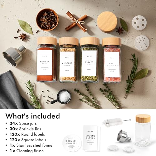EDELHAUS® Square Spice Jars with Bamboo Wooden Lid (Pack of 24) Spice Jars with Shaker Insert and 240 Labels - Bamboo Lid Glass Container for Spice Organisation [4.3 in × 1.8 in] - color: White Labels