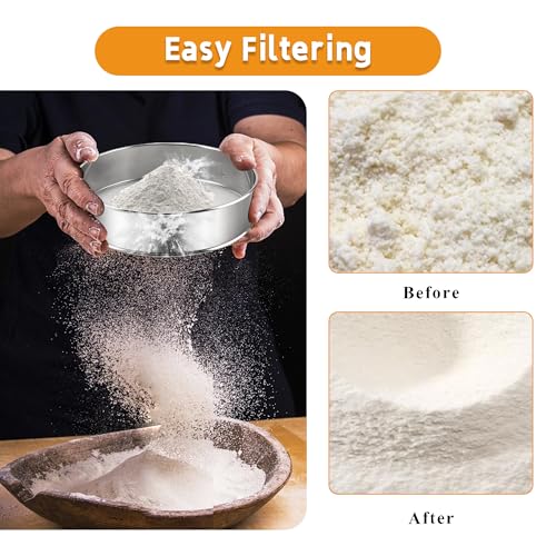 3-Piece Fine Mesh Sieve Set with brush and spatula, Stainless Steel Round Flour Sifter for Baking, Straining and Sifting, Includes 8-Inch 60 Mesh, 6-Inch 40 Mesh and 4-Inch 40 Mesh Sieves