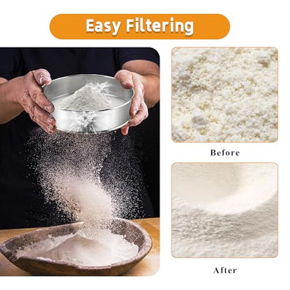 3-Piece Fine Mesh Sieve Set with brush and spatula, Stainless Steel Round Flour Sifter for Baking, Straining and Sifting, Includes 8-Inch 60 Mesh, 6-Inch 40 Mesh and 4-Inch 40 Mesh Sieves