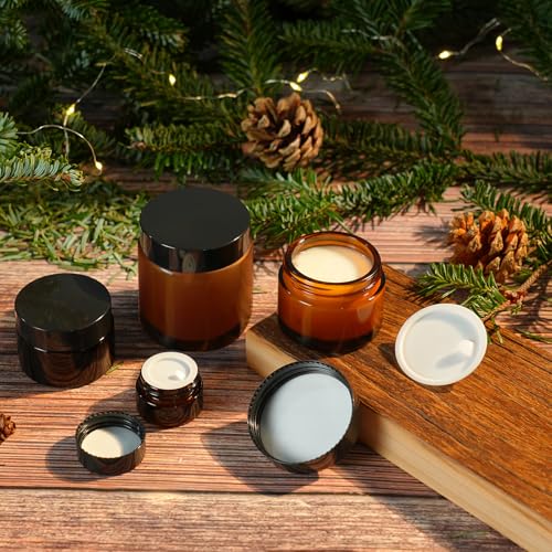 3 Pack 4 oz Amber Small Glass Jars with Airtight Lids, Lotion Containers, Cosmetic Containers, Little Travel Jars for Creams with Black Mini Spoon & Black Labels Included - color: Amber, size: 3