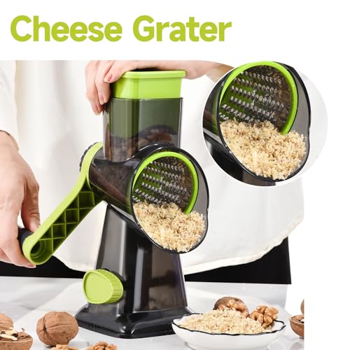 Rotary Cheese Grater with Handle Kitchen Shredder Slicer Grater Slicer Ice Shaver Cheese Vegetable Nuts Potato Zucchini Chocolate 3 Interchangeable Blades (Green TSP) - color: Green TSP