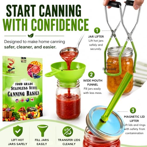 Supa Ant Canning Supplies Starter Kit (Food Grade) - Canning Kits Set for Beginners - 3 Pcs. Including Wide Mouth Jar Funnel, Magnetic Lid Lifter, Stainless Steel Jar Lifter (Assembled in USA) Green - color: Green