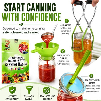 Supa Ant Canning Supplies Starter Kit (Food Grade) - Canning Kits Set for Beginners - 3 Pcs. Including Wide Mouth Jar Funnel, Magnetic Lid Lifter, Stainless Steel Jar Lifter (Assembled in USA) Green - color: Green