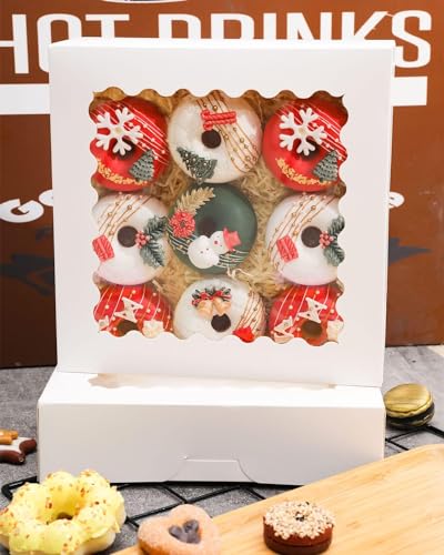 qiqee Auto-pop Up White Pie Boxes with Window 10x10x2.5 inch 20Packs Cookie Donut Bakery Box - color: White, size: 10"x10"x2.5"/20 Pcs