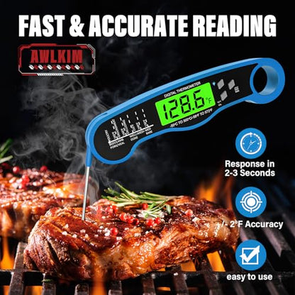 AWLKIM Meat Thermometer Digital, Instant Read Thermometer, Blue | Grill, BBQ, candy and baking thermometer with backlit display, foldable probe and magnetic storage. - color: Blue