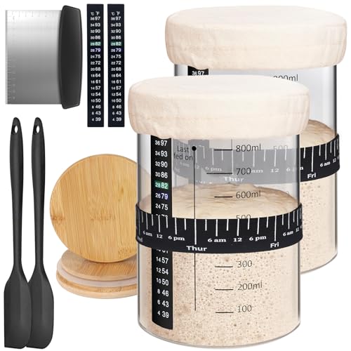 Kmise 2 Pack Pro Sourdough Starter Jar, 34 Oz Large Capacity DIY Glass Sourdough Starter Jar Kit With Thermometer, Date Marked Feeding Band, Cloth Cover, Spatula and Cutter - Reusable baking supplies - color: White