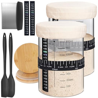 Kmise 2 Pack Pro Sourdough Starter Jar, 34 Oz Large Capacity DIY Glass Sourdough Starter Jar Kit With Thermometer, Date Marked Feeding Band, Cloth Cover, Spatula and Cutter - Reusable baking supplies - color: White