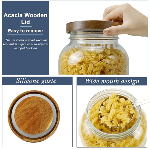 2 Pack Glass Flour Sugar Storage Containers with Acacia Wooden Lid, 1 Gallon Glass Jars with Airtight Lid, Wide Mouth Large Mason Jars 128oz for Rice, Pasta, Oats, Coffee Storage - size: Large