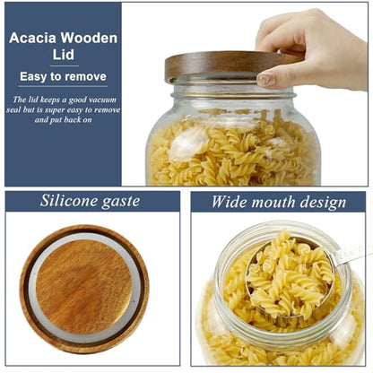 2 Pack Glass Flour Sugar Storage Containers with Acacia Wooden Lid, 1 Gallon Glass Jars with Airtight Lid, Wide Mouth Large Mason Jars 128oz for Rice, Pasta, Oats, Coffee Storage - size: Large