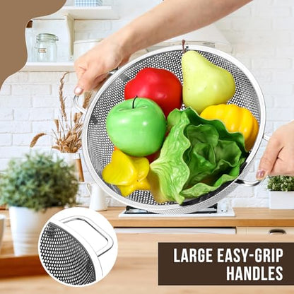 Norme 4 Quart Stainless Steel Silver Colander and 3 Pcs Silver Fine Mesh Strainer, Stainless Steel Pasta Rice Food Metal Strainer with Handles, Easy Clean and Dishwasher Safe - color: Silver, size: 4 Quart