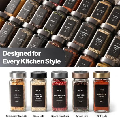 EDELHAUS Glass Spice Jars with Label, 24x Space Gray Stainless Steel Lids | Airtight Lids keep spices fresh, Kitchen Spice Drawer Organizer, 4oz Seasoning Containers incl. Funnel, Brush & 240 Labels - color: Space Gray Stainless Steel Lid