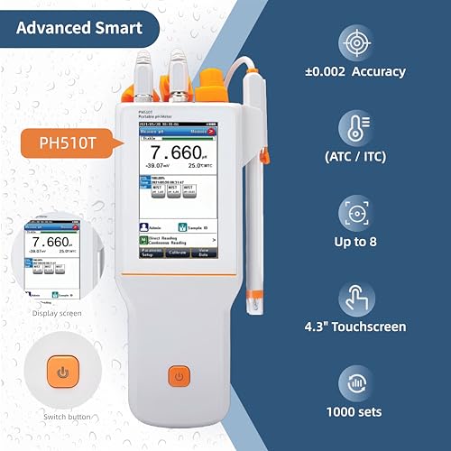 PH510T Digital pH Meter Tester ±0.002pH Accuracy Portable Touchscreen IP65 Waterproof ORP 1-8 Point Calibration for Drinking Water Pool Aquarium Lab Testing - style: Smart Touchscreen Model