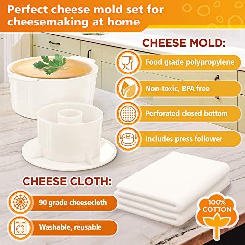 Grand Way Cheese Mold with a Follower and Cheesecloth – Cheese Making Kit – Cheesemaking Supplies – Cheese Set for Press – Reusable Cheesecloth – 100% Cotton Cloth for Straining – Paneer Maker - color: 2. Cheese Mold 2