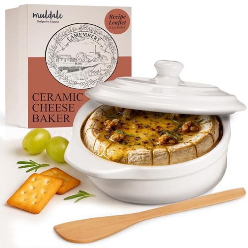 Muldale Brie Baker with Lid and Spreader - Camembert Baker Crock in White | Free from Lead Ceramic Baking Dish - 5.5” - Fits Standard Camembert Wheel - color: White