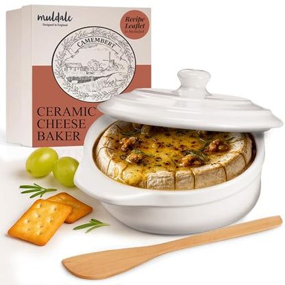 Muldale Brie Baker with Lid and Spreader - Camembert Baker Crock in White | Free from Lead Ceramic Baking Dish - 5.5” - Fits Standard Camembert Wheel - color: White