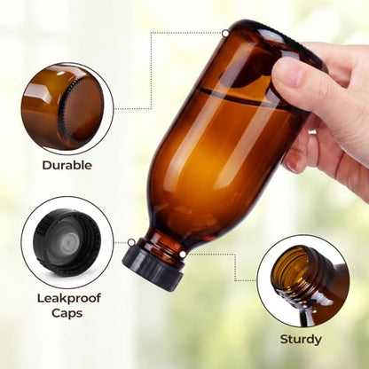 8 Pack 8oz Vanilla Extract Bottles, Amber Glass Bottles with Caps and Labels Small Boston Round Bottles for Homemade Gifts, Essential Oils, Potions, Tinctures & Liquids - Airtight & Leakproof - size: 8 Pack