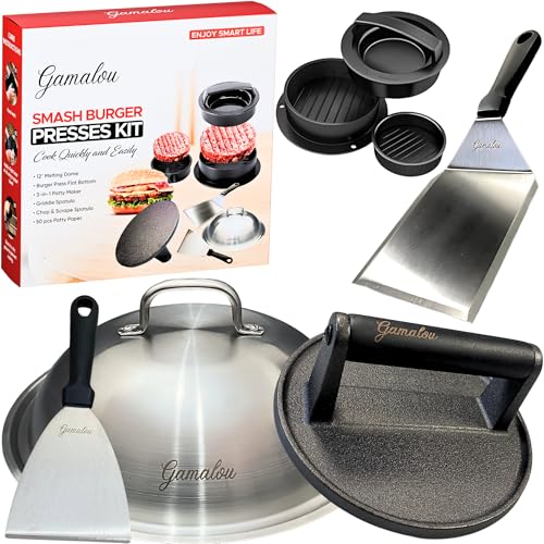 Gamalou® Smash Burger Press Kit: 7" Cast Iron Grill Press, 12" Melting Dome, 3-in-1 Patty Maker, 4.3" Spatula & 4" Scraper, Griddle Accessories for Blackstone, Grills, Flat Top, BBQ, Fry Pan