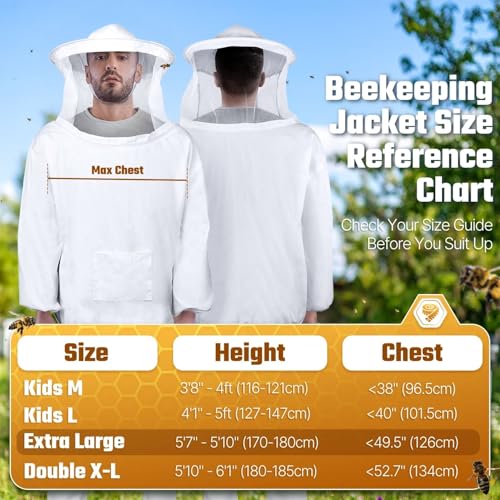Flexzion Bee Jacket with Veil - Beekeeper Jacket for Men and Women, Lightweight Ventilated Pullover Beekeeping Smock, Sting Proof Protective Upper Body Suit, White Adult Extra Large - size: Adults Large