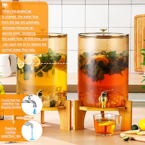 Honeydak 2 Pack 2.5 Gallon Each Amber Glass Drink Dispensers with Spigot, Gold Accent, Beverage Dispensers with Stand for Lemonade Juice Water Iced Tea Cocktails - size: 2.5 Gallon